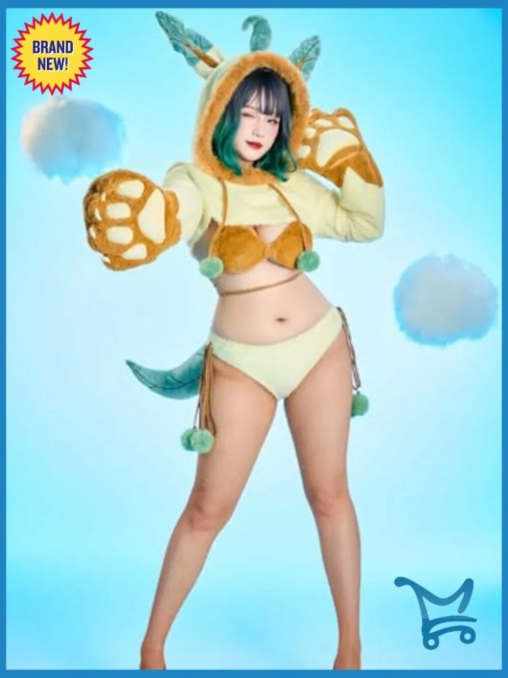 Women Anime Cosplay Lingerie Fluffy Paw Hoodie Bra Panty Set with Fishnet